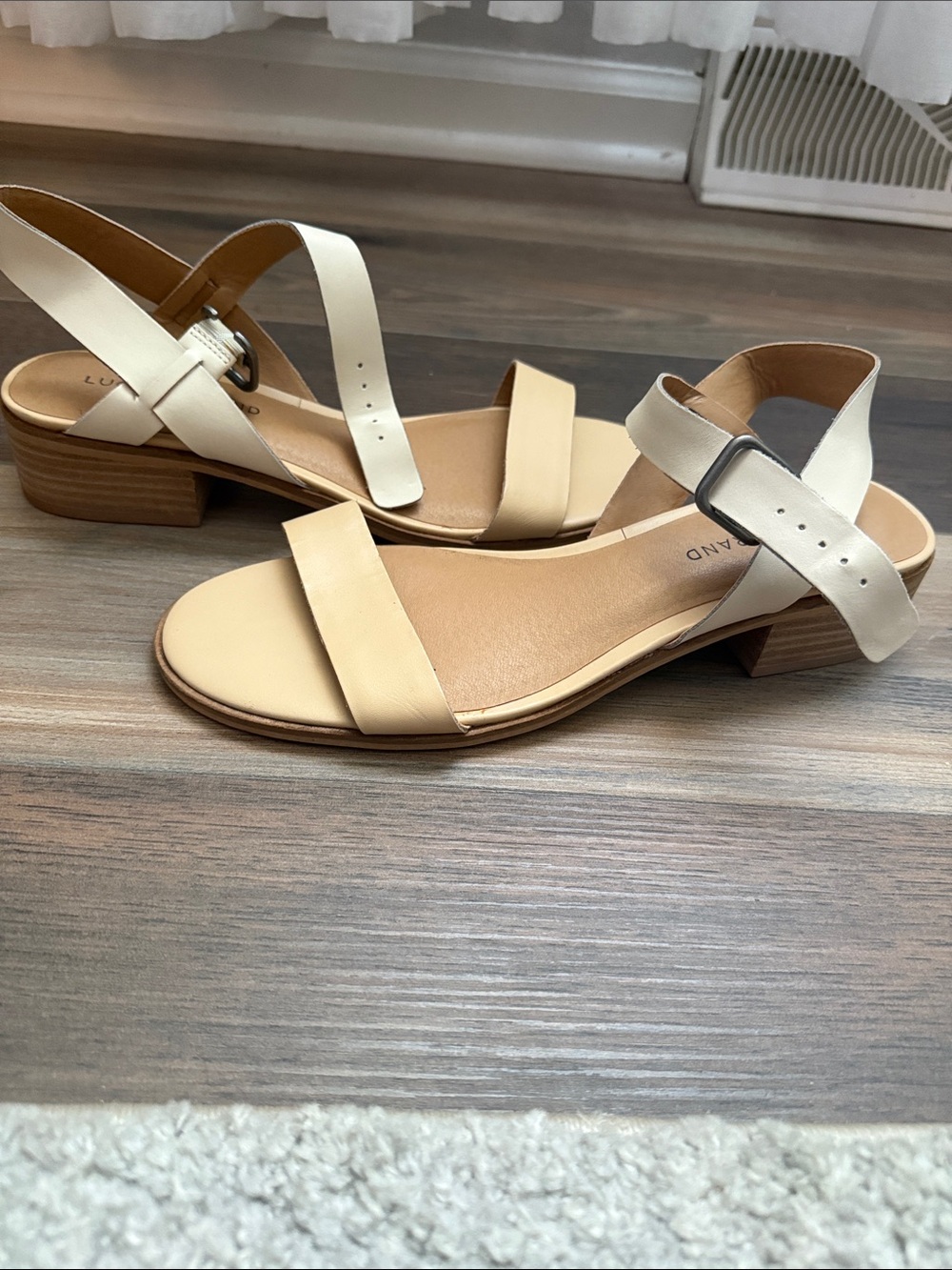 Lucky Brand Cream and Tan Block Heel Sandals with Buckle